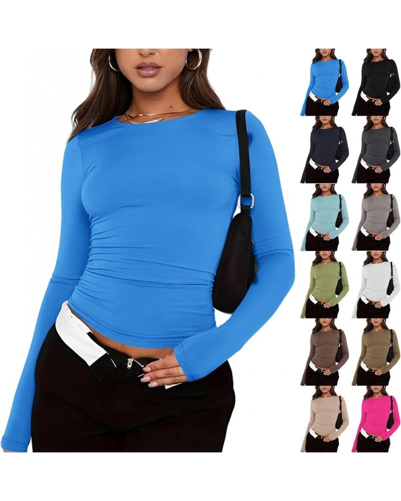 Crop Tops for Women Y2k Casual Y2k Long Sleeve Crop Top Sexy Basic Solid Skinny Crewneck Slim Fit Fitted Tight Tees 01-blue $...