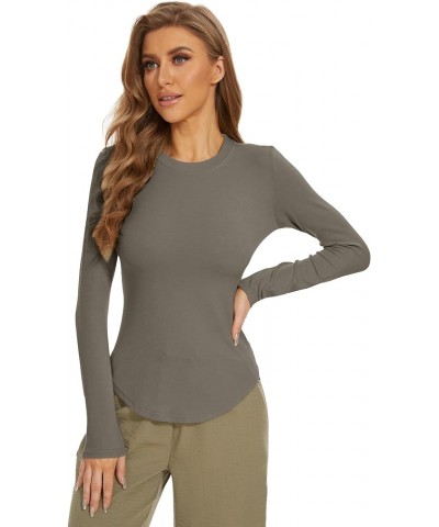 Women Plain T-Shirts Classic-Fit Long-Sleeve Crewneck Tops Khaki (O Neck) $14.10 T-Shirts