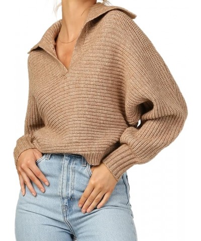 Women's Lapel Collar V Neck Soft Sweater Solid Long Sleeve Cozy Pullover Tops Knitwear Khaki $17.64 Sweaters