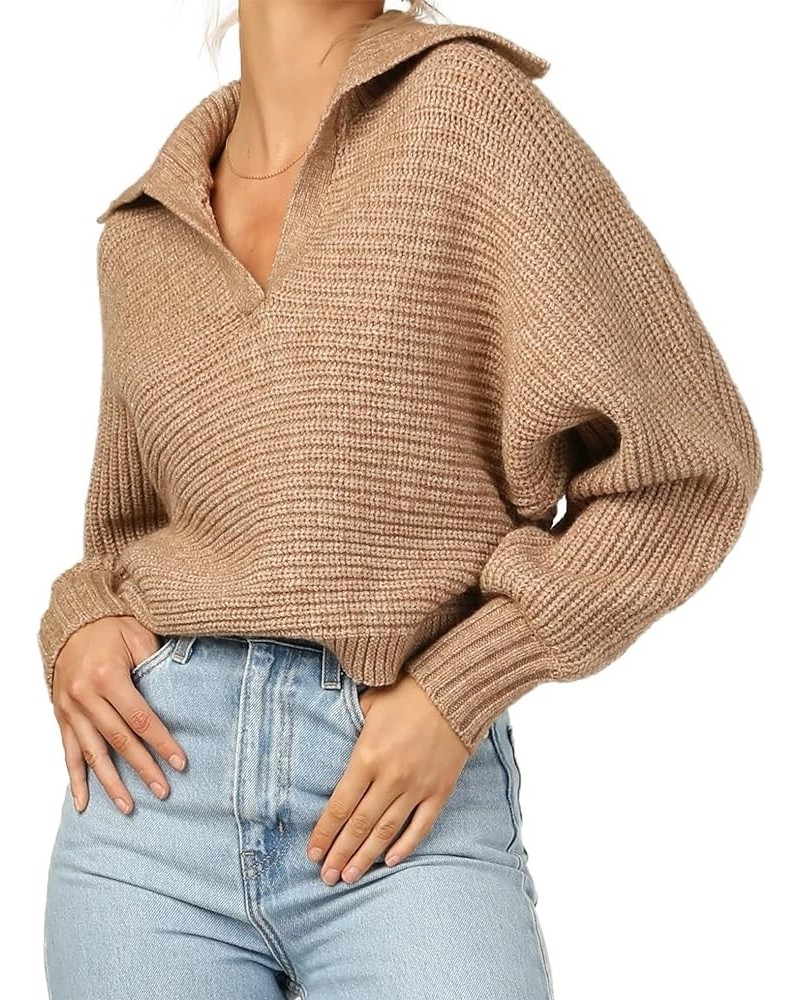 Women's Lapel Collar V Neck Soft Sweater Solid Long Sleeve Cozy Pullover Tops Knitwear Khaki $17.64 Sweaters