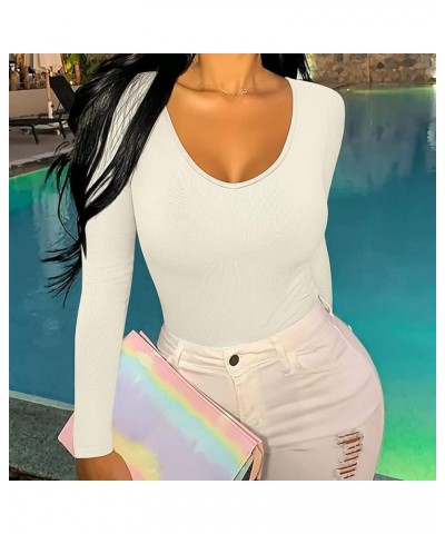 Womens Bodysuits Long Sleeve V Neck Ribbed Tops Solid Color Stretch Slim Sexy Yoga Jumpsuit Workout Casual Basic T Shirt Whit...