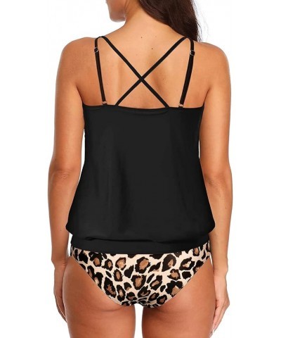 Women 2 Piece Blouson Tankini Swimsuits Tummy Control Bathing Suits Athletic Swimwear Black Leopard $19.07 Swimsuits