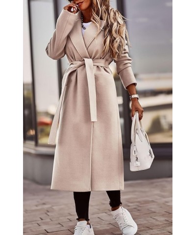 Women's Winter Warm Open Front Belted Wool Coat Elegant Office Work Midi Long Wool Overcoat Light Khaki $27.53 Coats