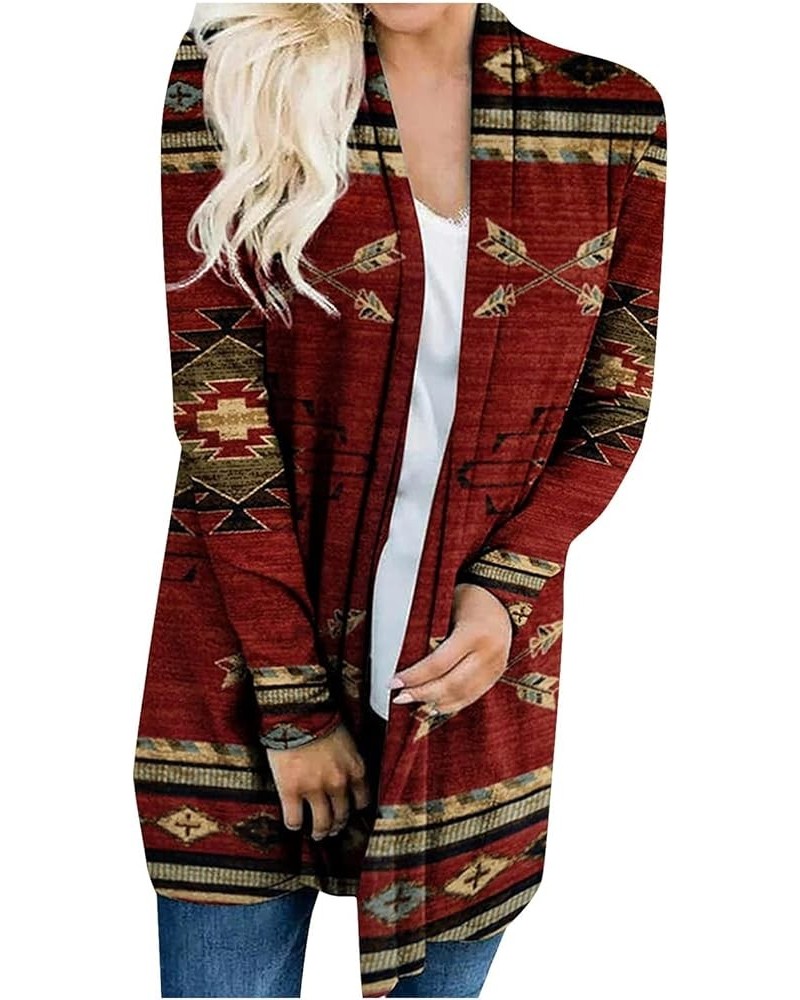 Oversized Fall Long Sleeve Robe for Women Classic Run Cool Aztec Collarless Pocket Loose Fitting Cotton 02-red $9.05 Robes