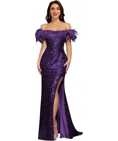 Feather Sequin Prom Dresses 2024 Off Shoulder Mermaid Formal Evening Party Gown Slit Wedding Dress Grape $45.39 Dresses