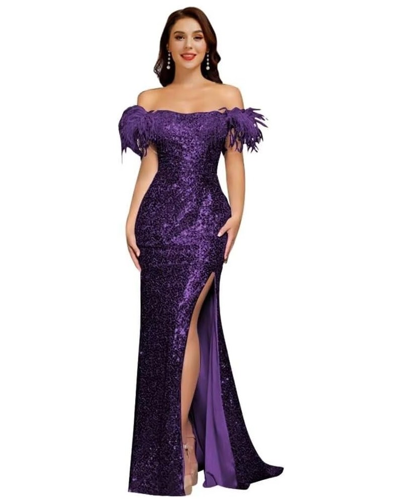 Feather Sequin Prom Dresses 2024 Off Shoulder Mermaid Formal Evening Party Gown Slit Wedding Dress Grape $45.39 Dresses