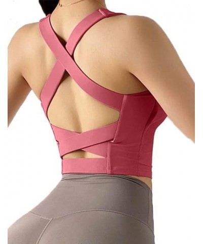 Women's Strappy Sports Bra Criss Cross Back Crop Tank Top Padded Fitness Workout Tops Longline Yoga Bras Rose Pink $14.99 Lin...