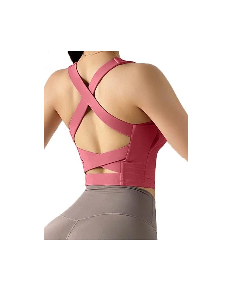 Women's Strappy Sports Bra Criss Cross Back Crop Tank Top Padded Fitness Workout Tops Longline Yoga Bras Rose Pink $14.99 Lin...