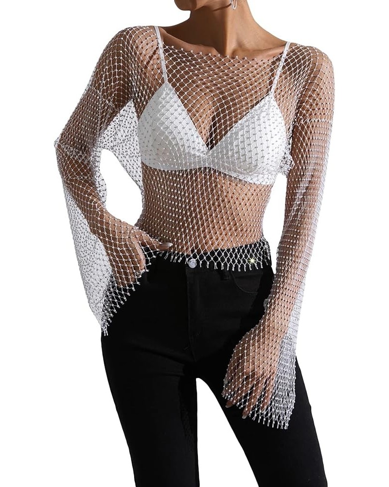 Women's Long Sleeve Rhinestone Mesh See Through Crop Top Shirt Clubwear Cover Up White $22.39 Swimsuits