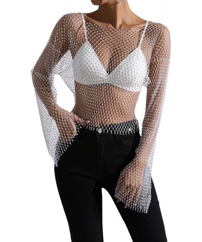 Women's Long Sleeve Rhinestone Mesh See Through Crop Top Shirt Clubwear Cover Up White $22.39 Swimsuits