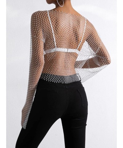 Women's Long Sleeve Rhinestone Mesh See Through Crop Top Shirt Clubwear Cover Up White $22.39 Swimsuits