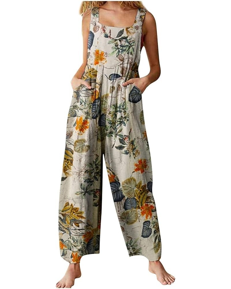 Overalls Womens Summer Boho Long Wide Leg Rompers For Women Floral Printed Jumpsuits with Patchwork Dual Pocket 01-yellow $12...