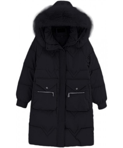 Women's Winter Puffer Coat Thicken Fleece Lined Down Jacket Waterproof Faux Fur Detachable Hooded Parka Black $22.05 Jackets