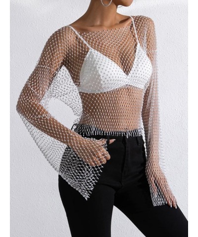 Women's Long Sleeve Rhinestone Mesh See Through Crop Top Shirt Clubwear Cover Up White $22.39 Swimsuits