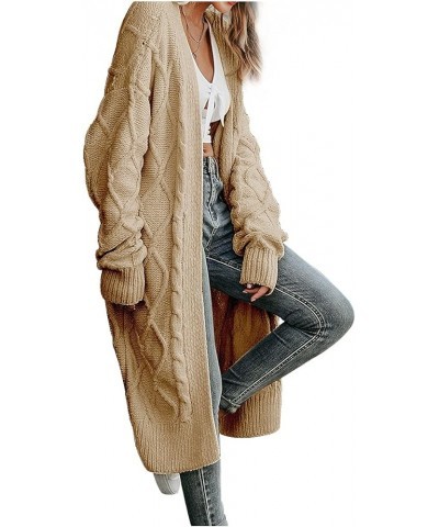 Women's Open Front Cardigan Long Sleeve Cable Knit Sweater Coat Loose Chunky Outwear Khaki $19.23 Sweaters