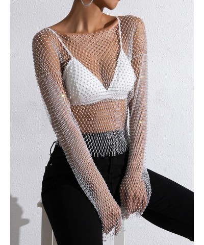 Women's Long Sleeve Rhinestone Mesh See Through Crop Top Shirt Clubwear Cover Up White $22.39 Swimsuits