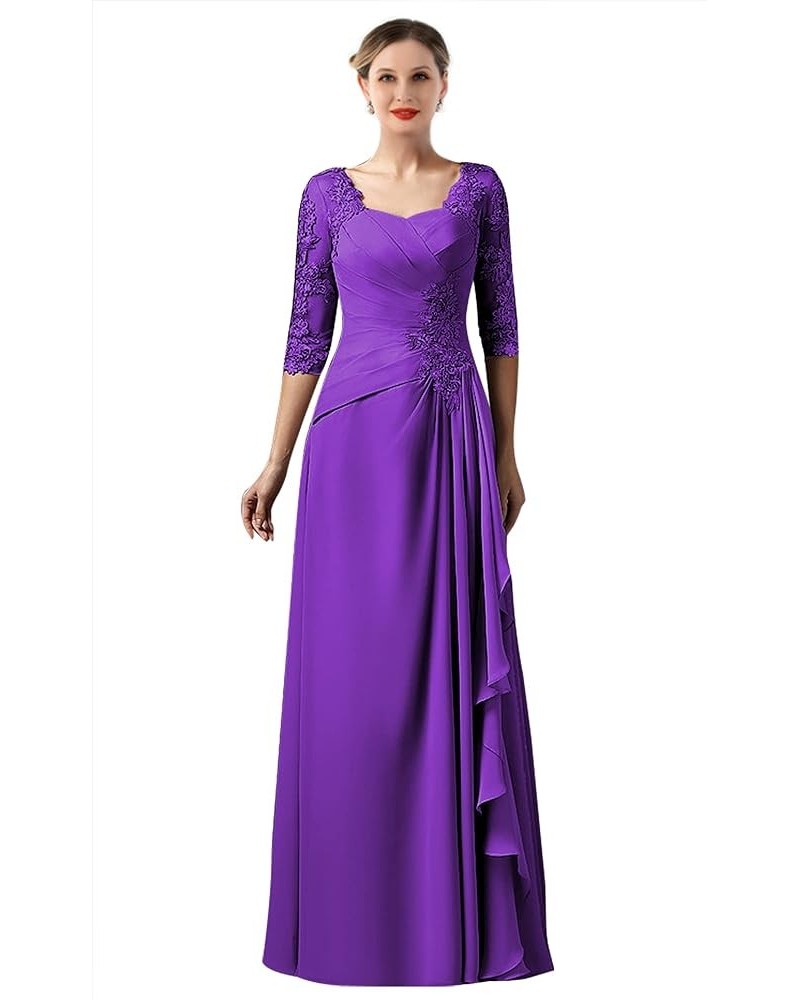 Lace Appliques Mother of The Bride Dress with Sleeves Ruffle Chiffon Long Formal Evening Dresses Purple $49.35 Dresses