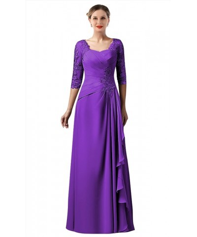 Lace Appliques Mother of The Bride Dress with Sleeves Ruffle Chiffon Long Formal Evening Dresses Purple $49.35 Dresses