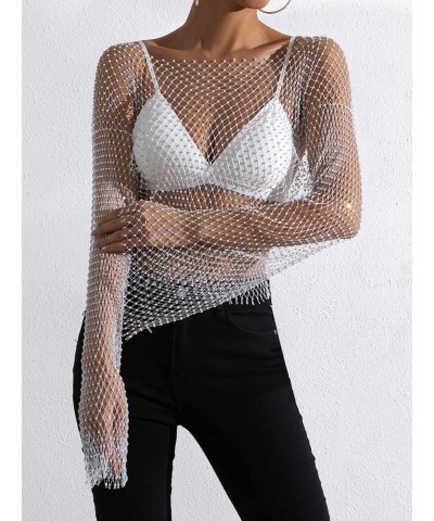 Women's Long Sleeve Rhinestone Mesh See Through Crop Top Shirt Clubwear Cover Up White $22.39 Swimsuits