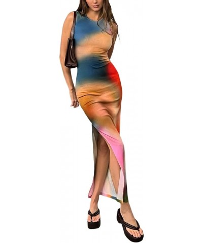 Womens Sexy Spaghetti Strap Maxi Dress Bodycon Trendy Cami Long Skims Dupe Dresses Party Club Night 2-tie Dye a Blue Tank Sof...