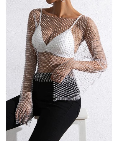 Women's Long Sleeve Rhinestone Mesh See Through Crop Top Shirt Clubwear Cover Up White $22.39 Swimsuits