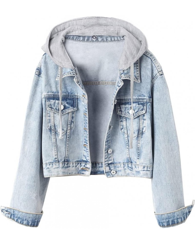 Women's Detachable Hoodie Jean Jacket Washed Long Sleeve Sweatshirt Cropped Hooded Denim Jacket Light Blue $18.89 Jackets