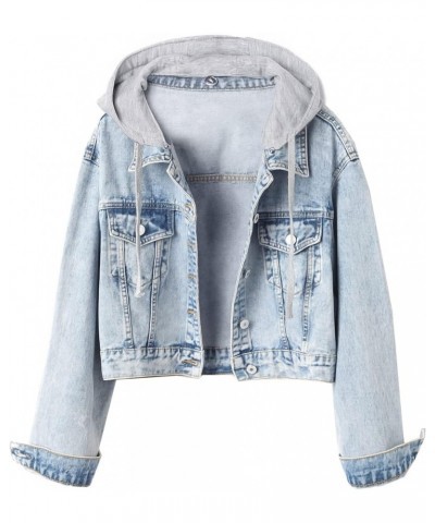 Women's Detachable Hoodie Jean Jacket Washed Long Sleeve Sweatshirt Cropped Hooded Denim Jacket Light Blue $18.89 Jackets