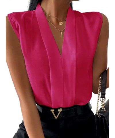 Women's Elegant V Neck Pleated Sleeveless Blouse Chiffon Work Shirt Tank Top Rose $13.34 Tanks