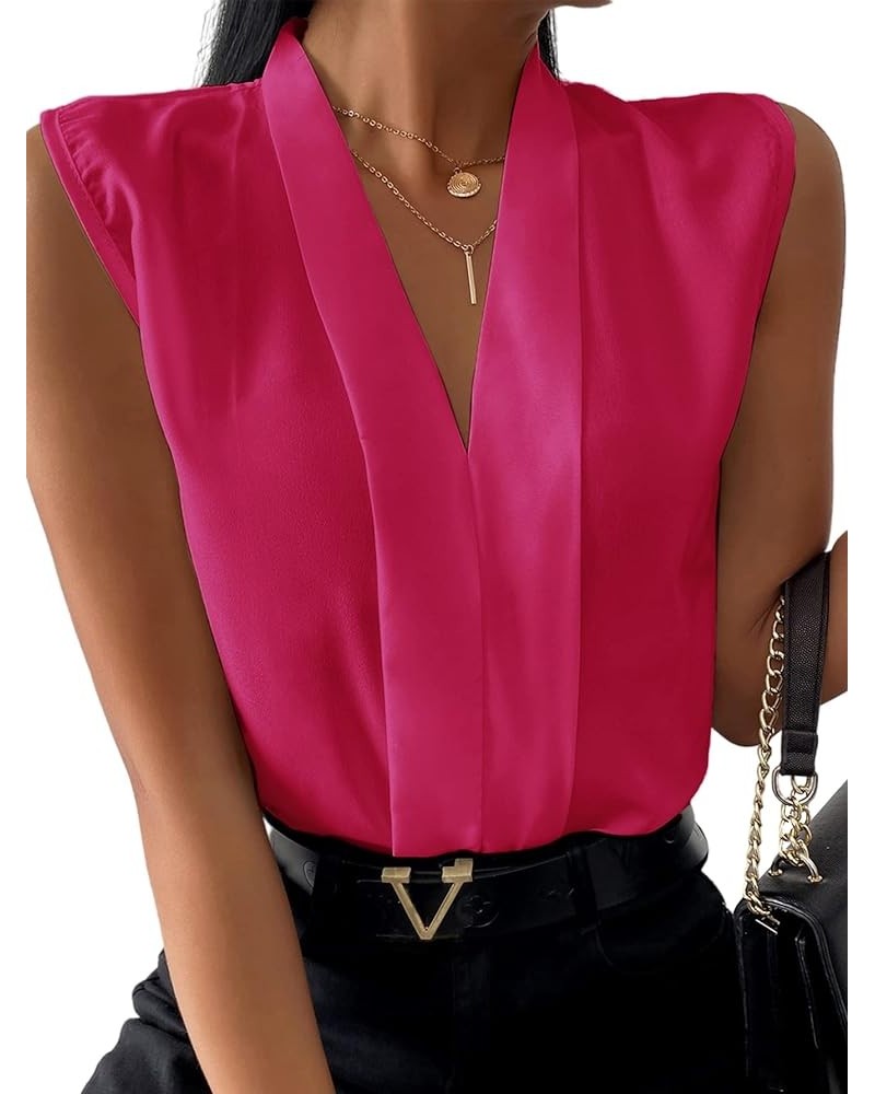 Women's Elegant V Neck Pleated Sleeveless Blouse Chiffon Work Shirt Tank Top Rose $13.34 Tanks