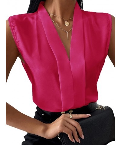 Women's Elegant V Neck Pleated Sleeveless Blouse Chiffon Work Shirt Tank Top Rose $13.34 Tanks