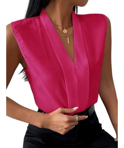 Women's Elegant V Neck Pleated Sleeveless Blouse Chiffon Work Shirt Tank Top Rose $13.34 Tanks