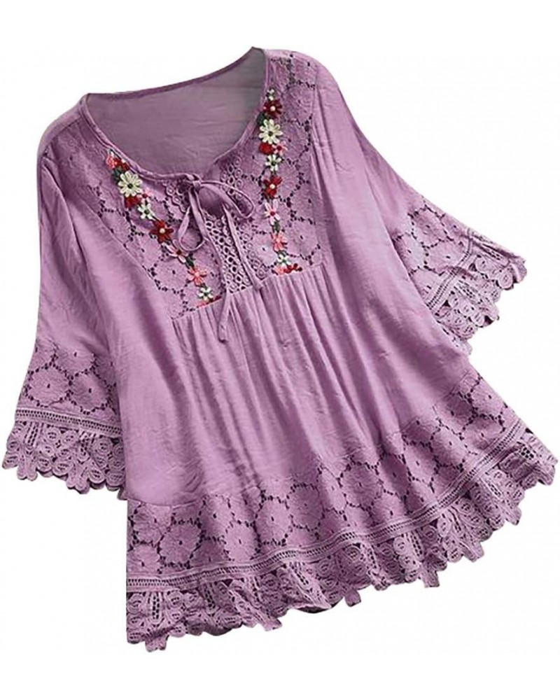 Women's Cotton Linen Tunic Tops Lace Trim Jacquard 3/4 Sleeve Blouse Shirt Flowy Blouse Bohemian Style Clothes 2023 Purple 4 ...