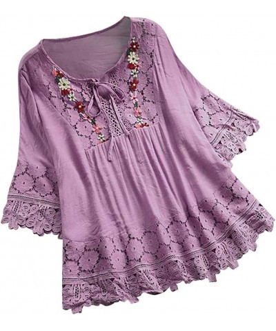 Women's Cotton Linen Tunic Tops Lace Trim Jacquard 3/4 Sleeve Blouse Shirt Flowy Blouse Bohemian Style Clothes 2023 Purple 4 ...