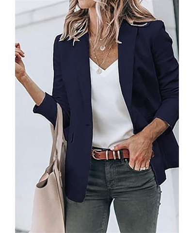 Women's Lapel Open Front Work Blazer One Button Long Sleeve Jackets Office Solid Color Cardigan with Pockets Navy Blue $20.39...