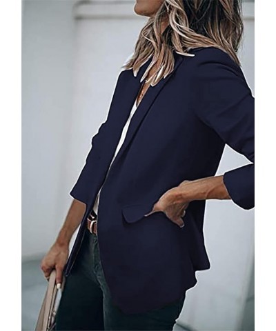 Women's Lapel Open Front Work Blazer One Button Long Sleeve Jackets Office Solid Color Cardigan with Pockets Navy Blue $20.39...