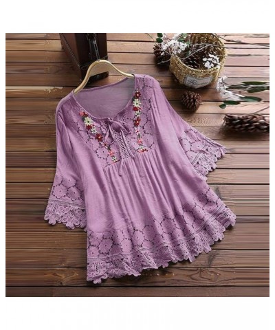 Women's Cotton Linen Tunic Tops Lace Trim Jacquard 3/4 Sleeve Blouse Shirt Flowy Blouse Bohemian Style Clothes 2023 Purple 4 ...