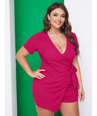 Women's Plus Size Elegant Short Sleeve V Neck Wrap Tie Side Romper Short Jumpsuits Red Violet $14.49 Rompers