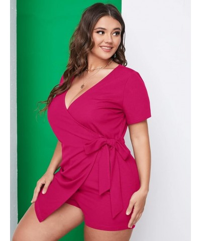 Women's Plus Size Elegant Short Sleeve V Neck Wrap Tie Side Romper Short Jumpsuits Red Violet $14.49 Rompers