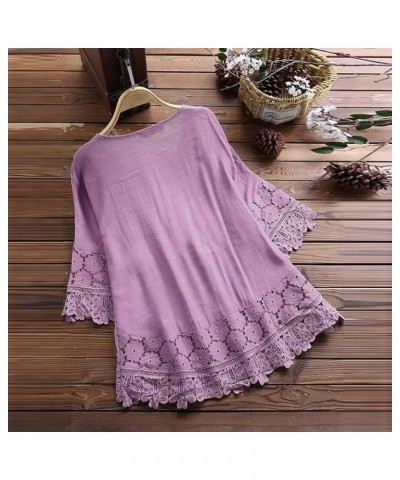 Women's Cotton Linen Tunic Tops Lace Trim Jacquard 3/4 Sleeve Blouse Shirt Flowy Blouse Bohemian Style Clothes 2023 Purple 4 ...