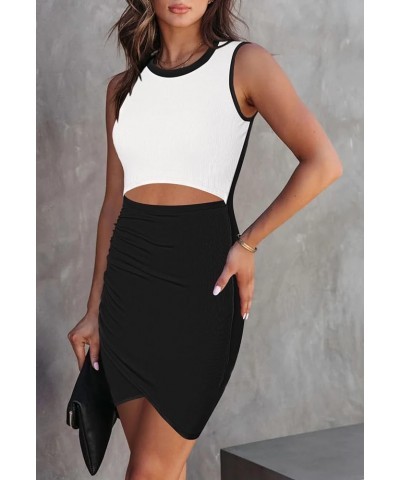 Color Block Sleeveless Crewneck Wrap Ruched Dresses Outfit for Women Sexy Night Out Date Skinny Elegant Cut Out Mini Short Sh...