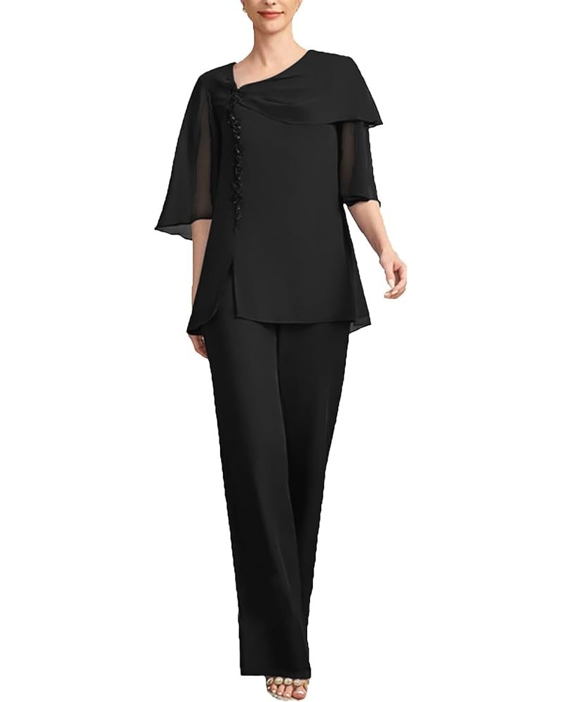 Women's Chiffon 2 Pieces Mother of The Bride Pant Suits for Wedding Half Sleeves Mother of The Groom Dresses MIS18 Black $36....