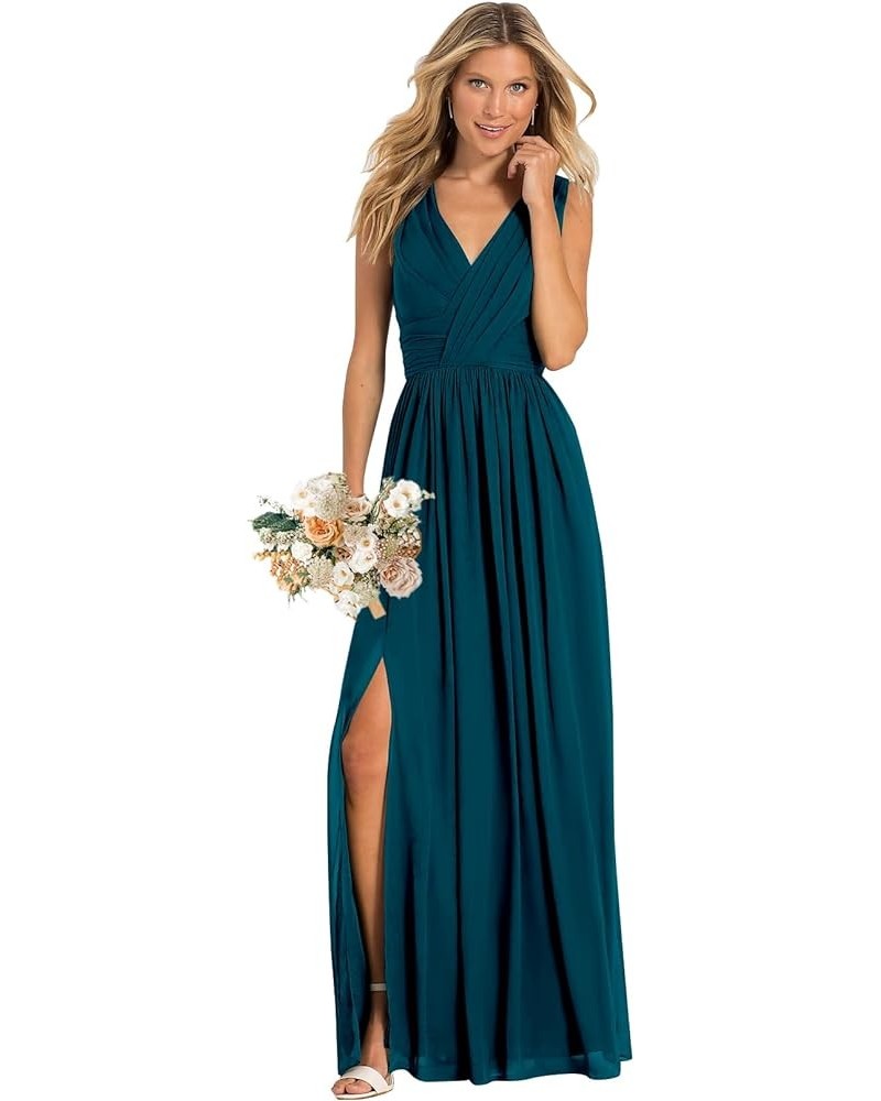 Women's V Neck Bridesmaid Dresses for Wedding Split A Line Long Formal Dresses with Pockets Peacock $37.09 Dresses