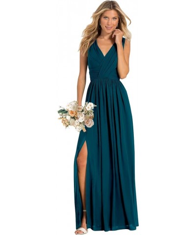 Women's V Neck Bridesmaid Dresses for Wedding Split A Line Long Formal Dresses with Pockets Peacock $37.09 Dresses