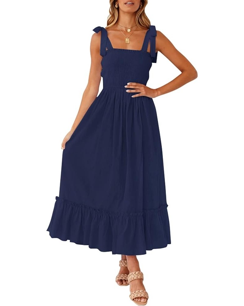 Women's 2024 Summer Boho Spaghetti Strap Square Neck Solid Color Ruffle A Line Beach Long Maxi Dress Navy $17.33 Hats & Caps