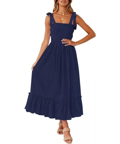 Women's 2024 Summer Boho Spaghetti Strap Square Neck Solid Color Ruffle A Line Beach Long Maxi Dress Navy $17.33 Hats & Caps