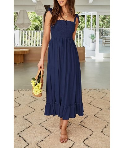 Women's 2024 Summer Boho Spaghetti Strap Square Neck Solid Color Ruffle A Line Beach Long Maxi Dress Navy $17.33 Hats & Caps