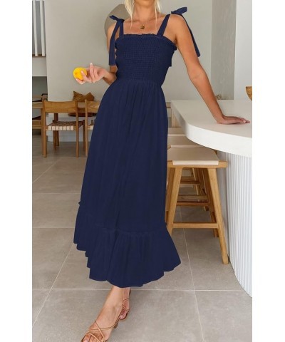 Women's 2024 Summer Boho Spaghetti Strap Square Neck Solid Color Ruffle A Line Beach Long Maxi Dress Navy $17.33 Hats & Caps