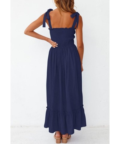 Women's 2024 Summer Boho Spaghetti Strap Square Neck Solid Color Ruffle A Line Beach Long Maxi Dress Navy $17.33 Hats & Caps