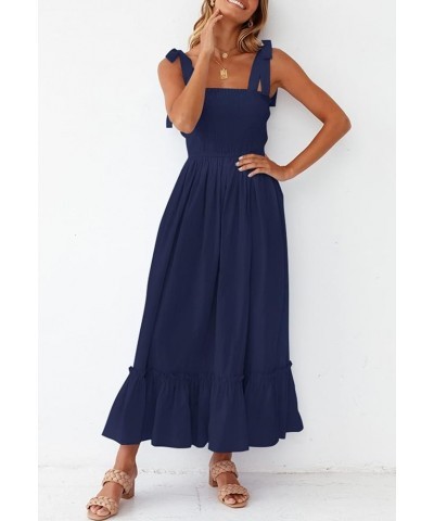 Women's 2024 Summer Boho Spaghetti Strap Square Neck Solid Color Ruffle A Line Beach Long Maxi Dress Navy $17.33 Hats & Caps