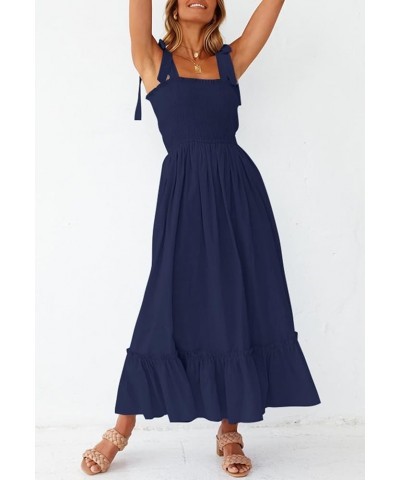 Women's 2024 Summer Boho Spaghetti Strap Square Neck Solid Color Ruffle A Line Beach Long Maxi Dress Navy $17.33 Hats & Caps